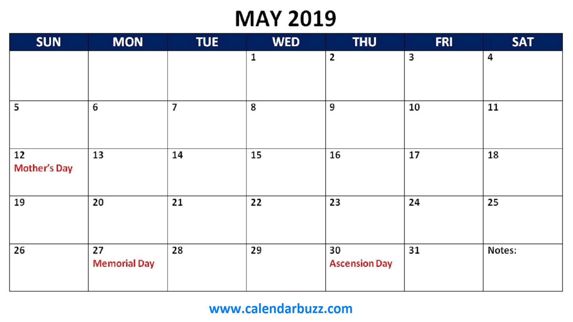 May 2019 Calendar Fillable