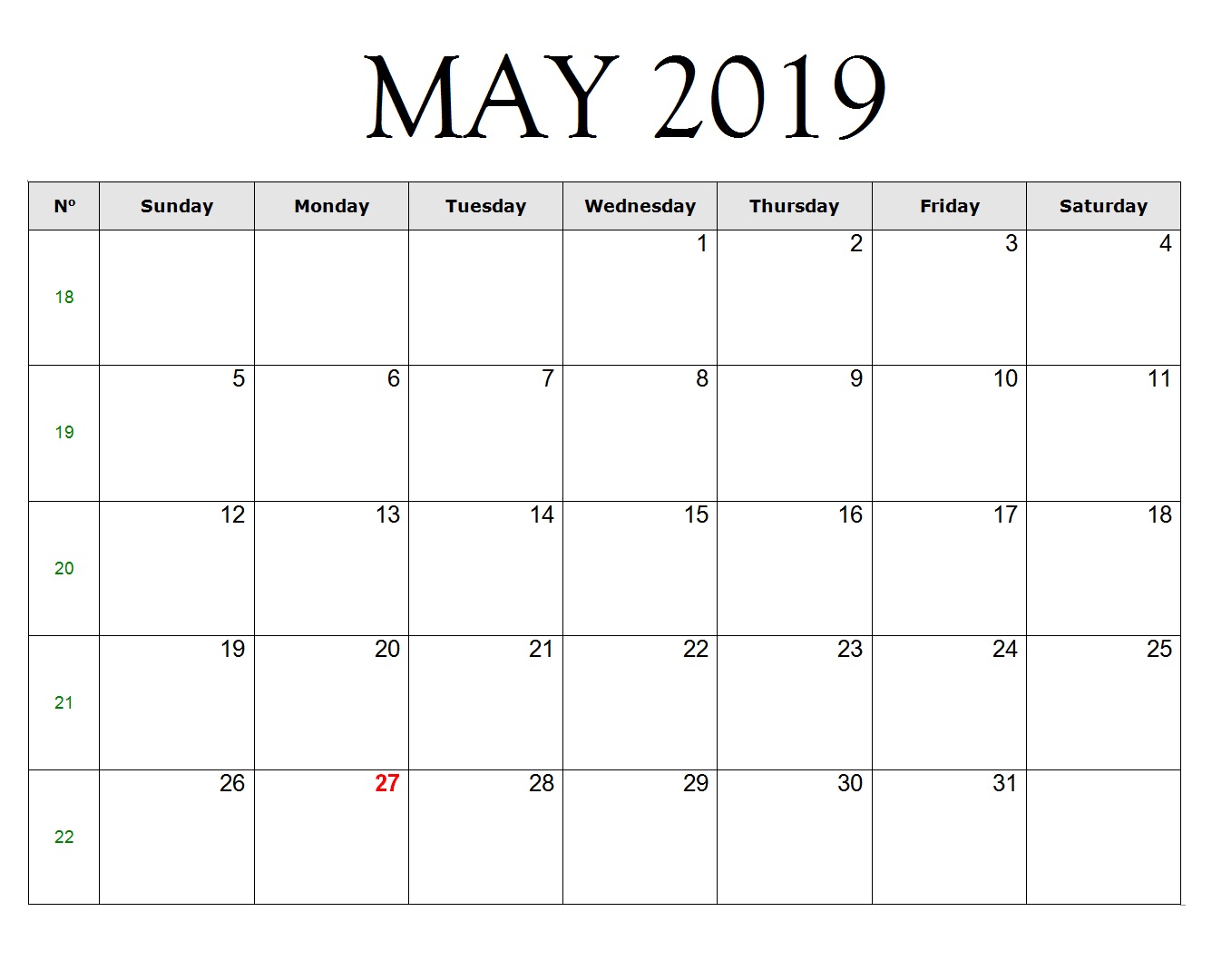 May 2019 Calendar Word