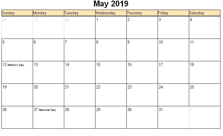 May 2019 Calendar to Print