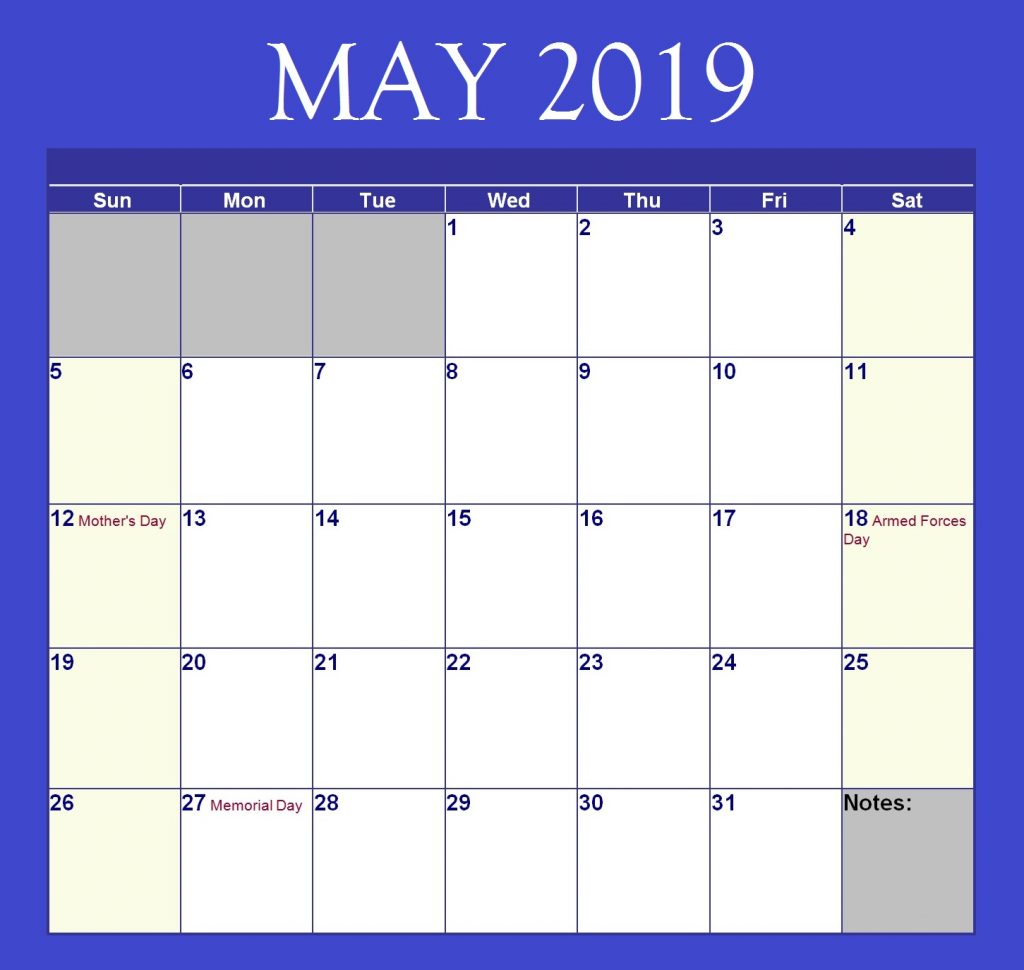 Free May 2019 Excel Calendar