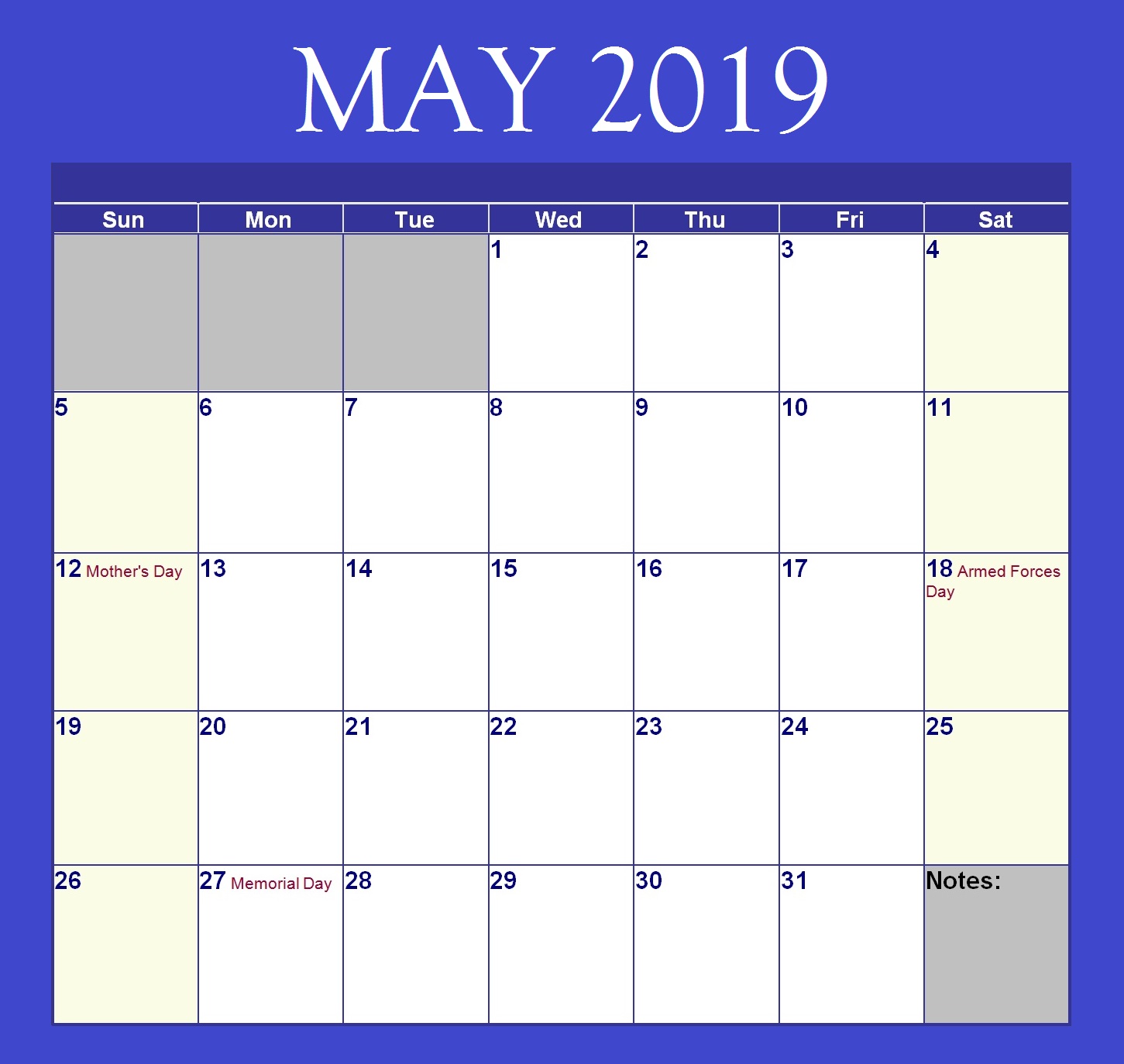 May 2019 Excel Calendar Template
