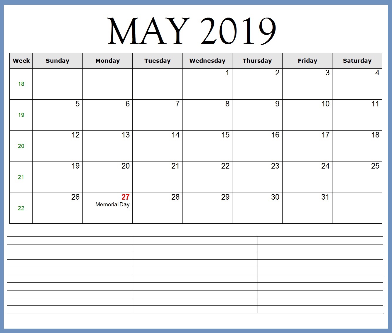 May 2019 Excel Calendar