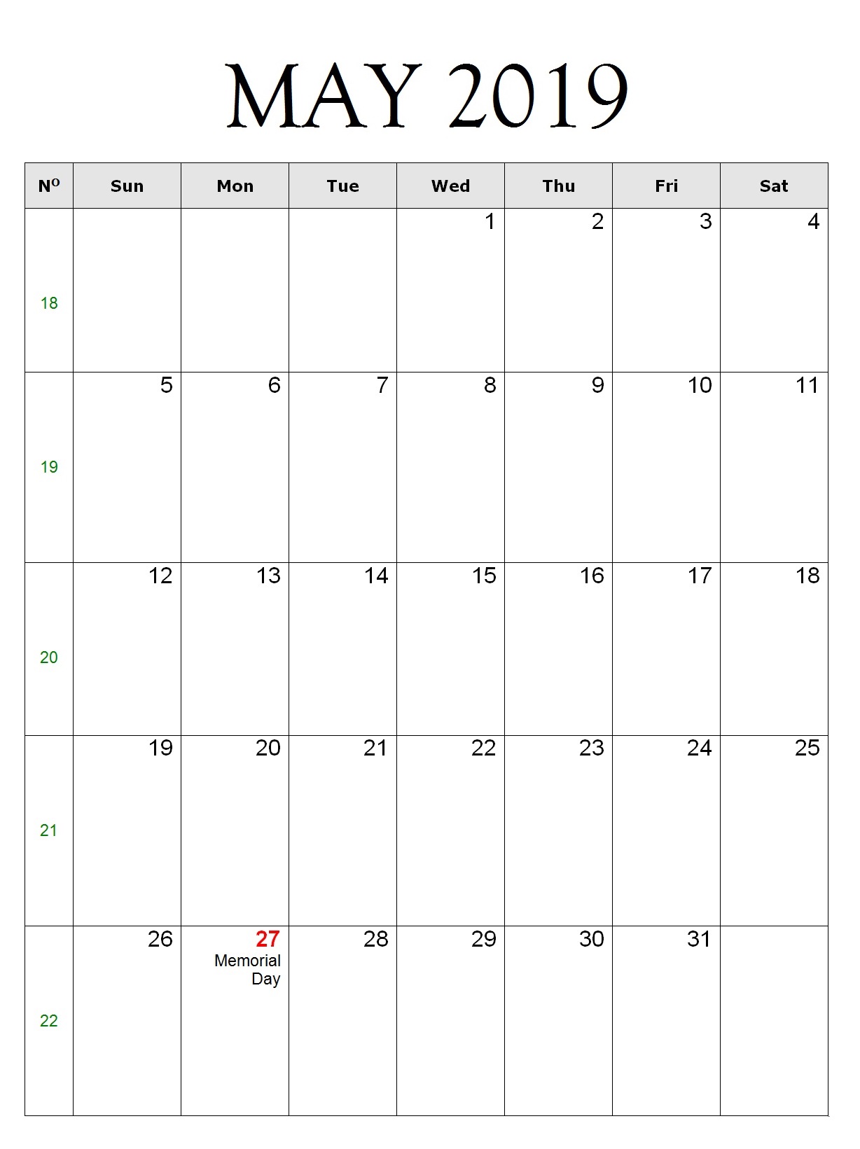 May 2019 Excel Portrait Calendar