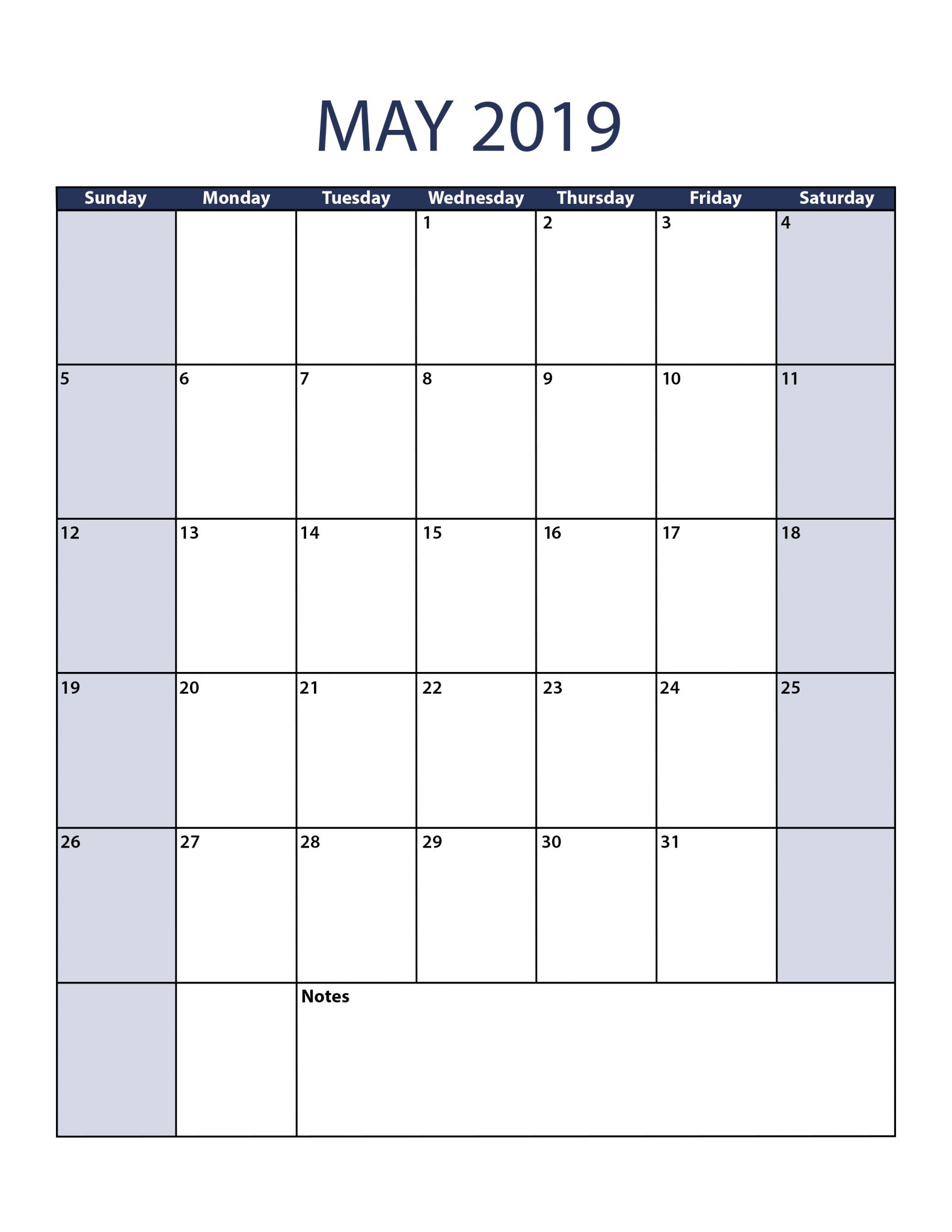 May 2019 Portrait Calendar to Print