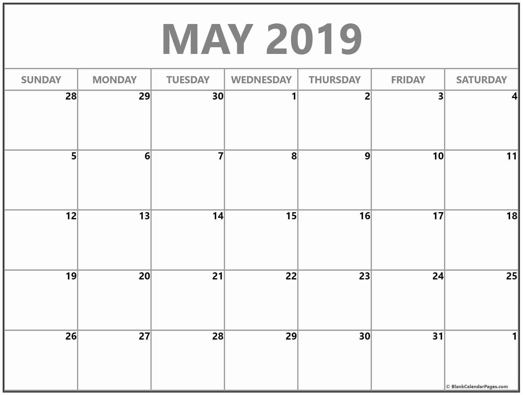 Monthly Blank Calendar May 2019