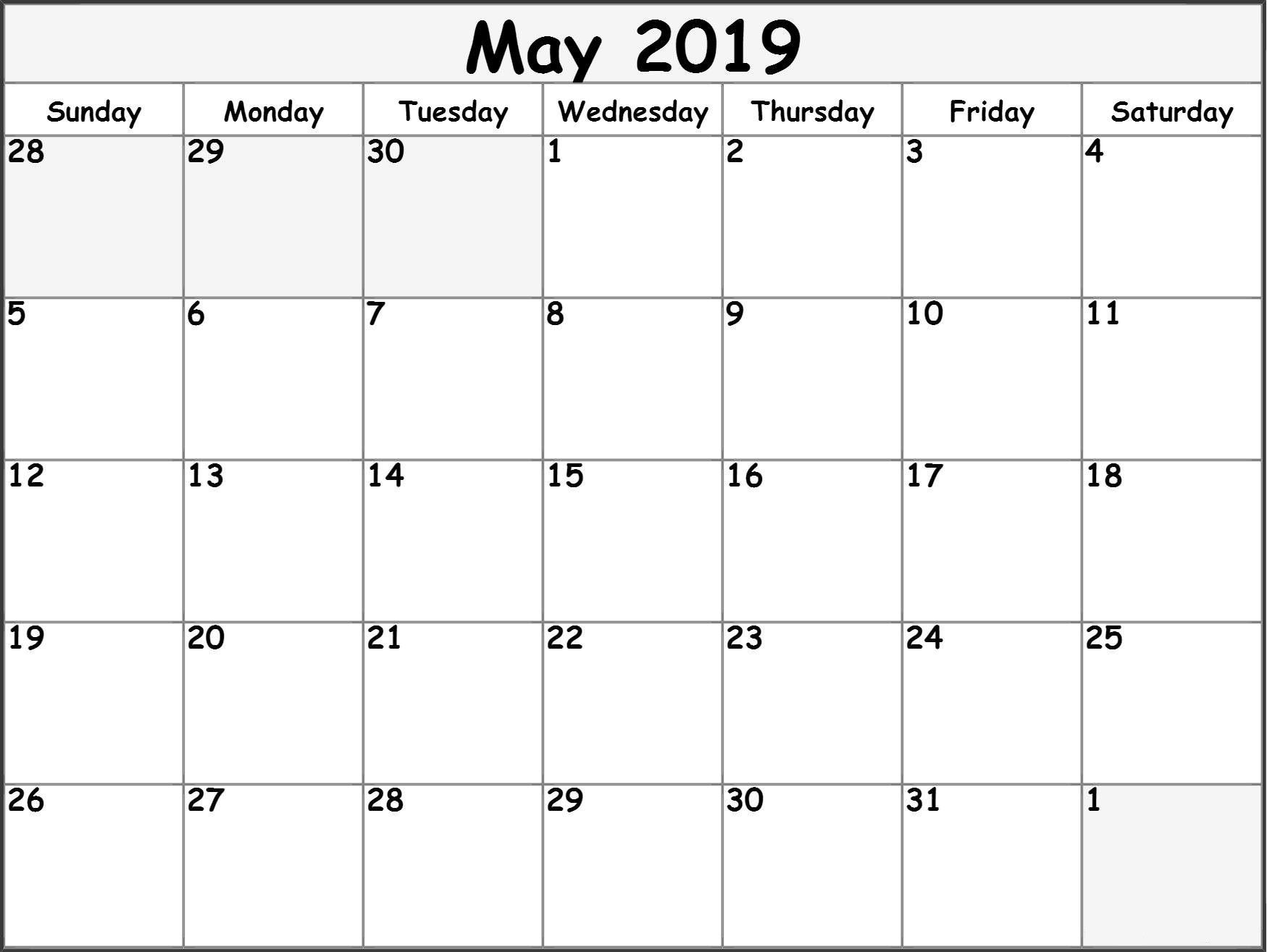 Monthly Calendar For May 2019