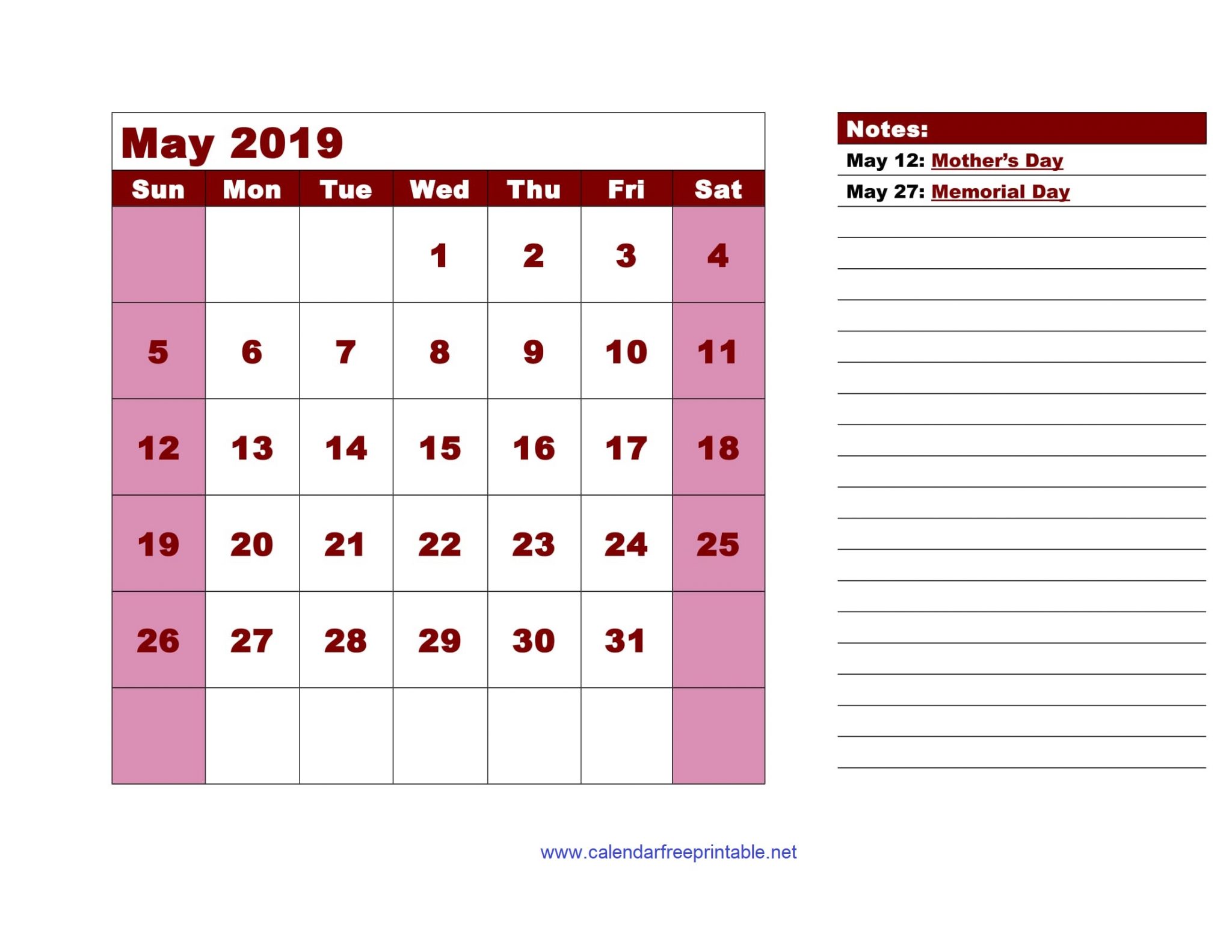 Monthly Calendar Template for May 2019