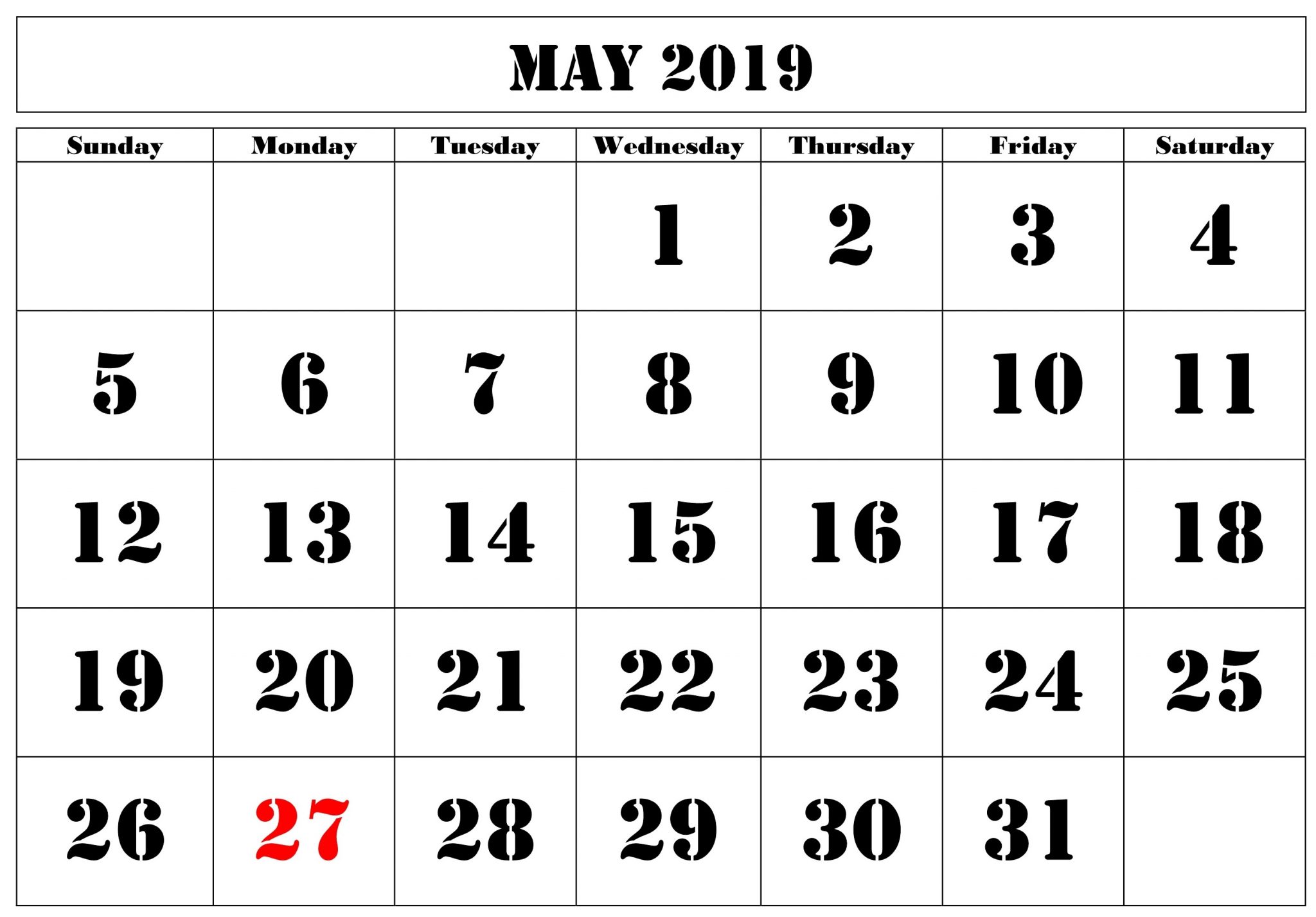 Print Blank Calendar Pages for May 2019