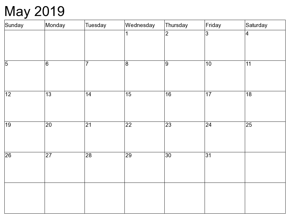 Print May 2019 Blank Calendar