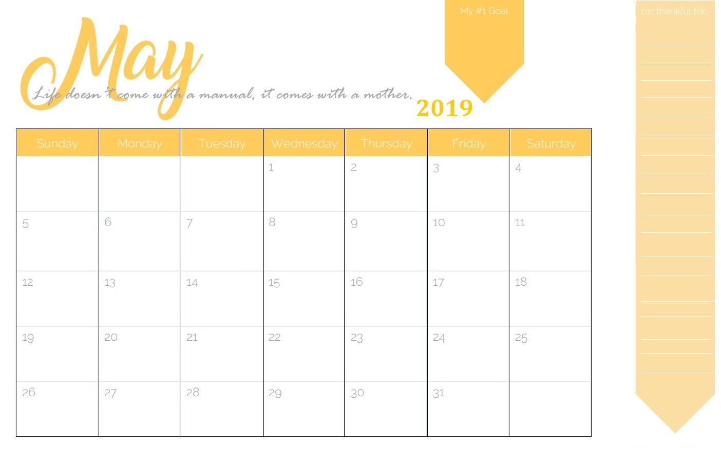 Printable May 2019 Calendar Cute