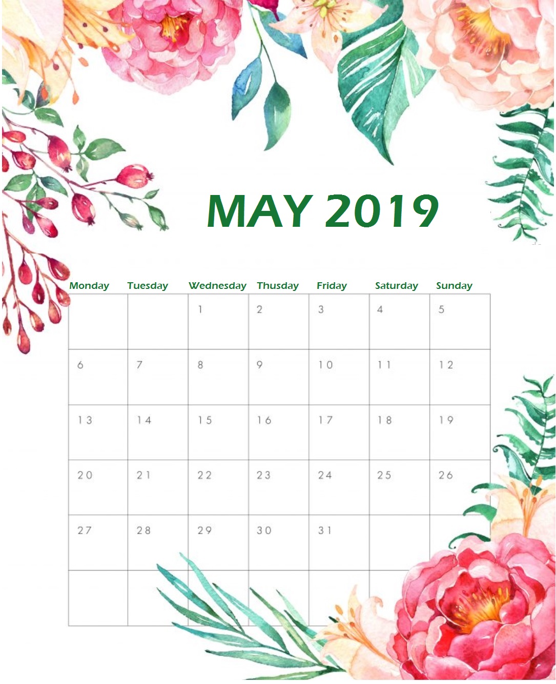Printable May 2019 Floral Calendar