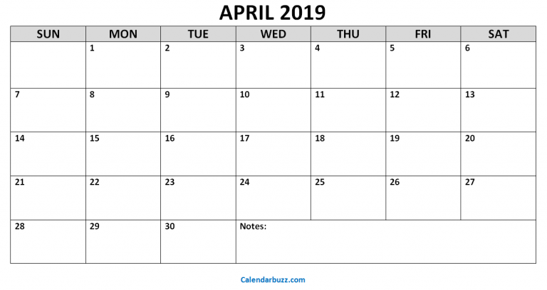 Monthly Printable Calendar April 2019 Blank Template With Holidays