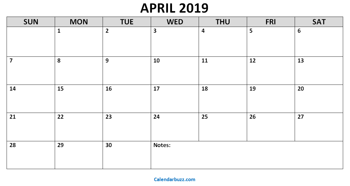Printable Monthly Calendar April 2019