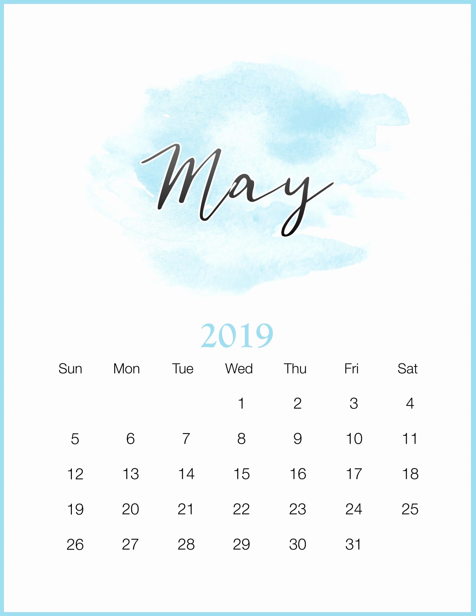 Watercolor Fillable May 2019 Calendar