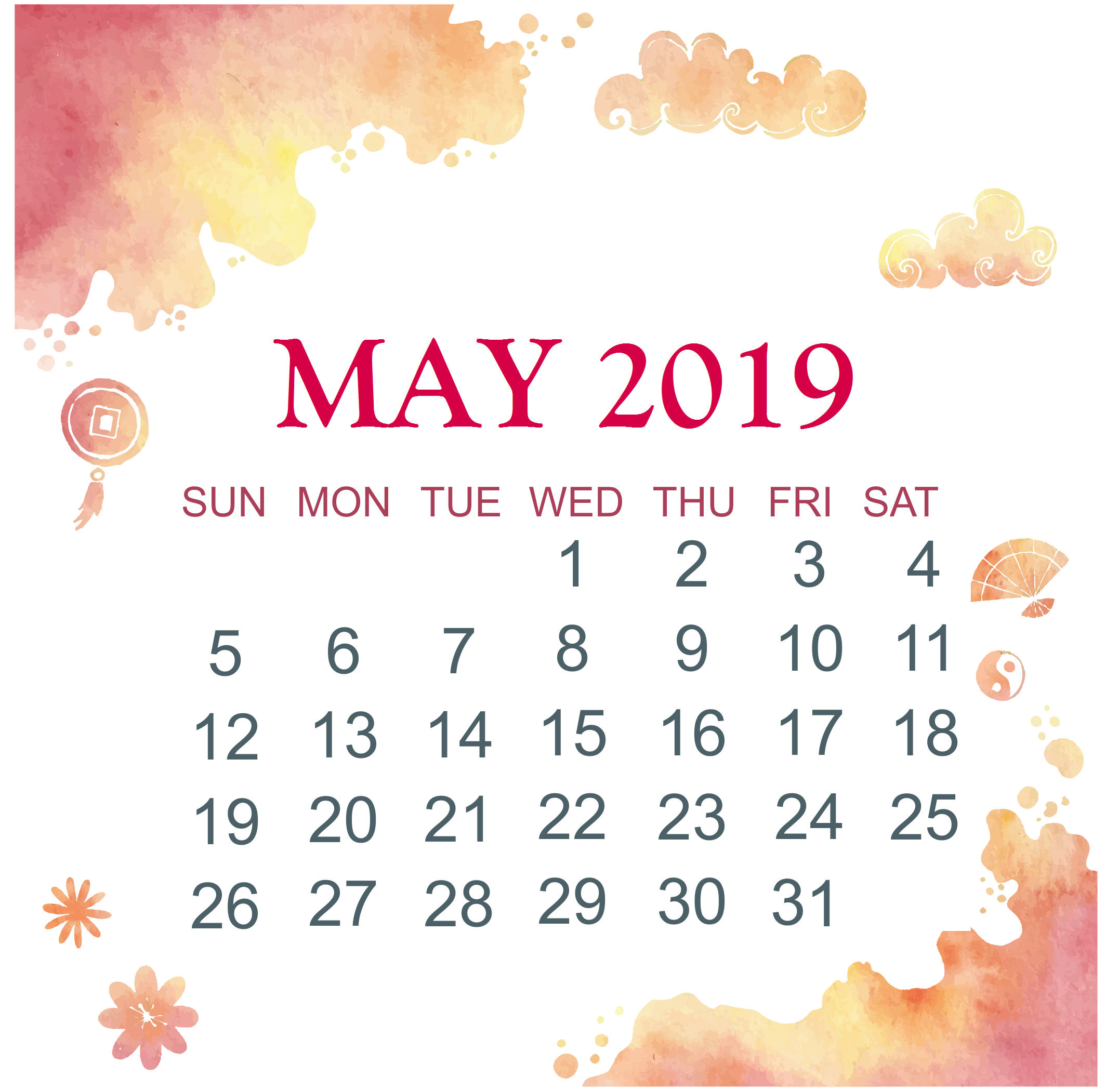 Watercolor May 2019 Wall Calendar