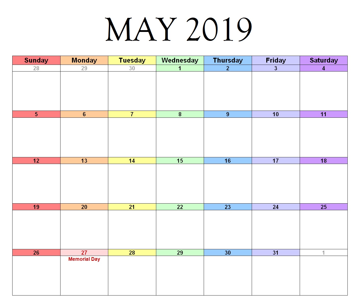 Word May 2019 Calendar Landscape