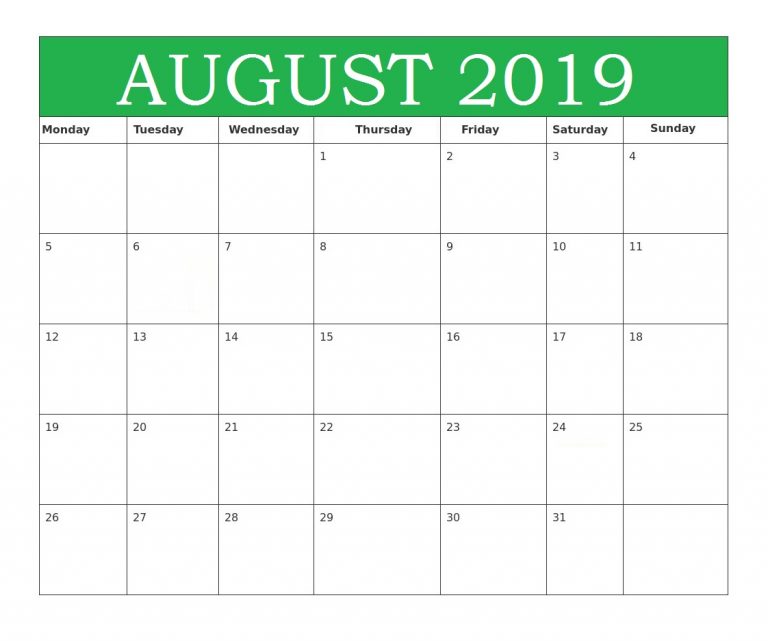 August Calendar 2019 Printable Template - PDF, Word, Excel
