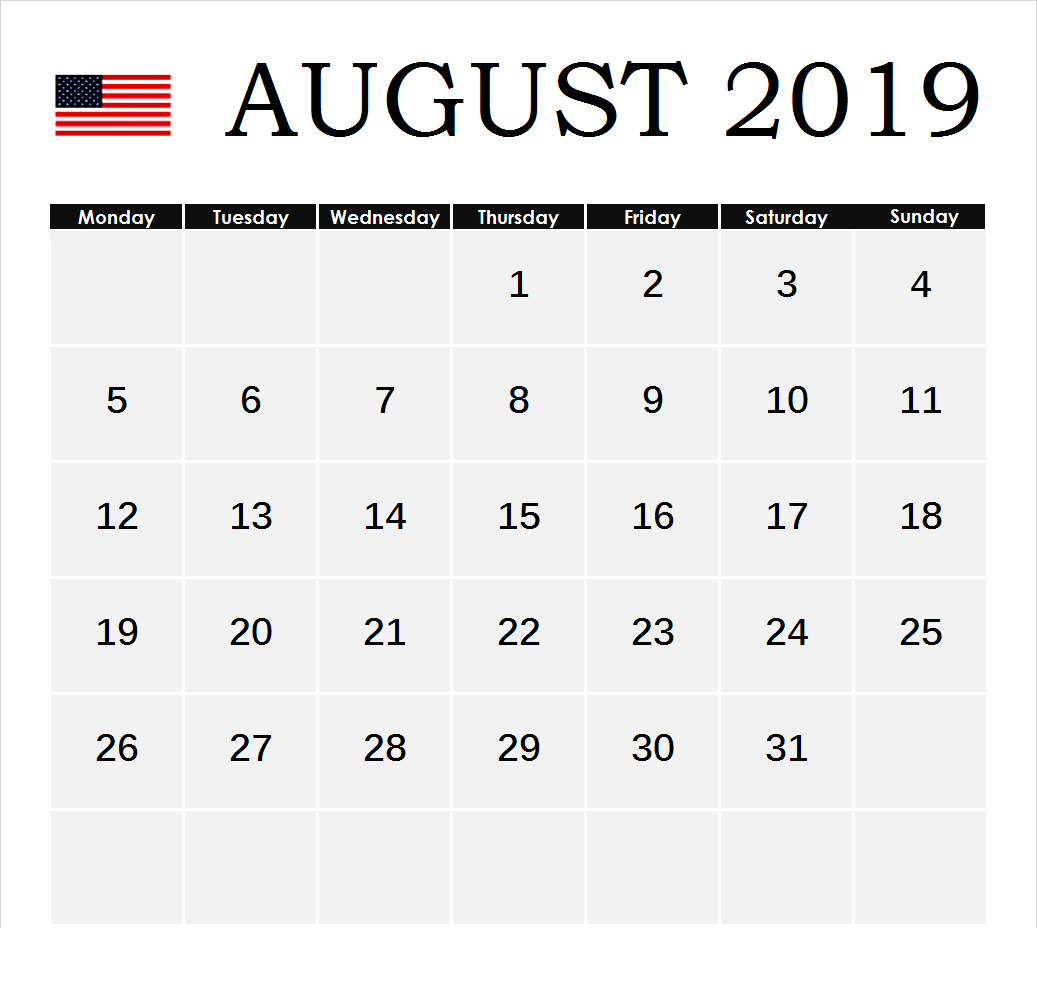 August Calendar 2019 Holidays