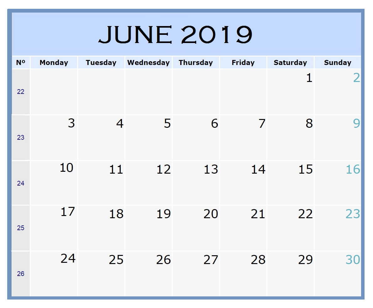 Blank June 2019 Calendar Template