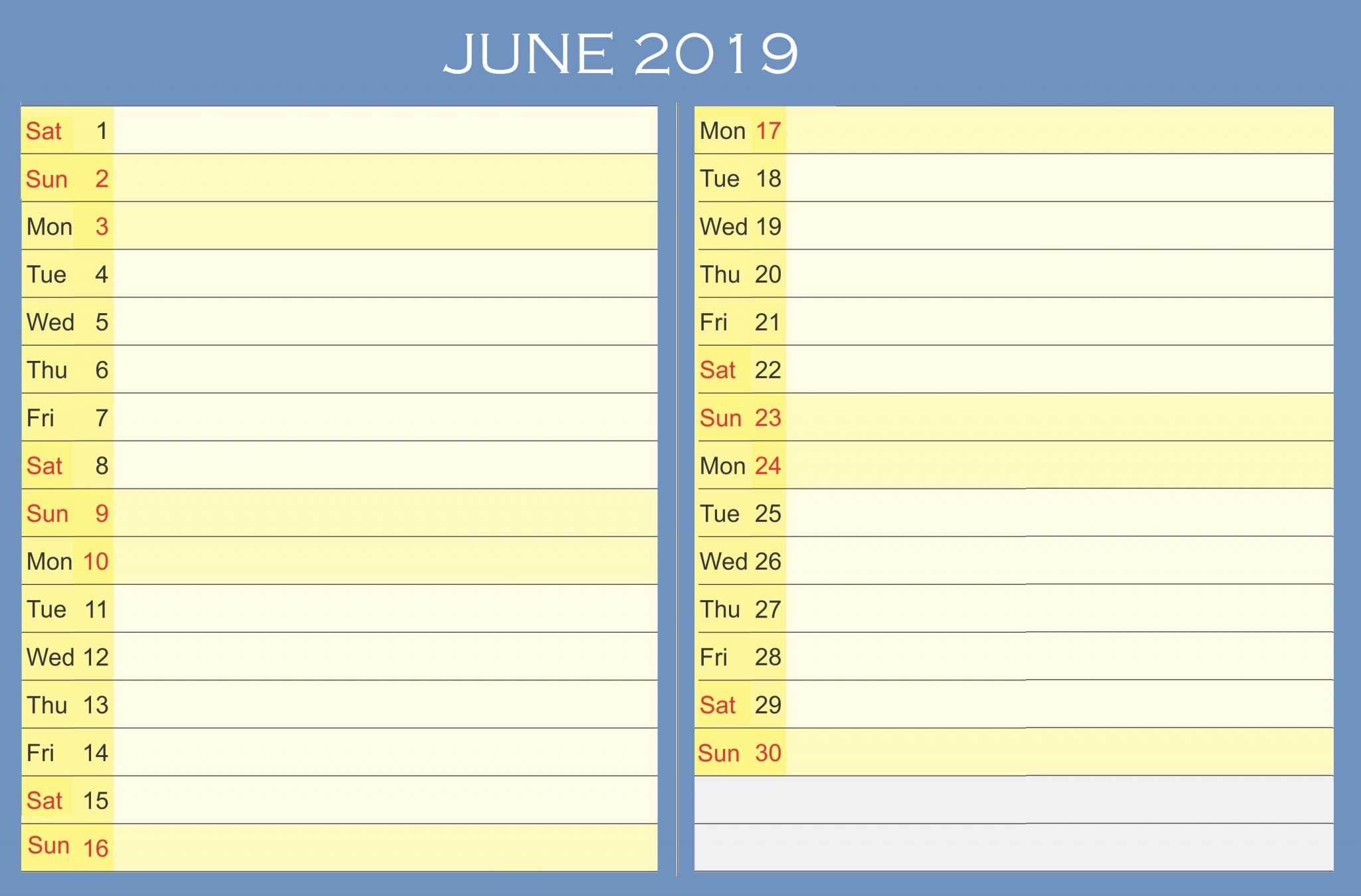 Blank June 2019 Task Planner