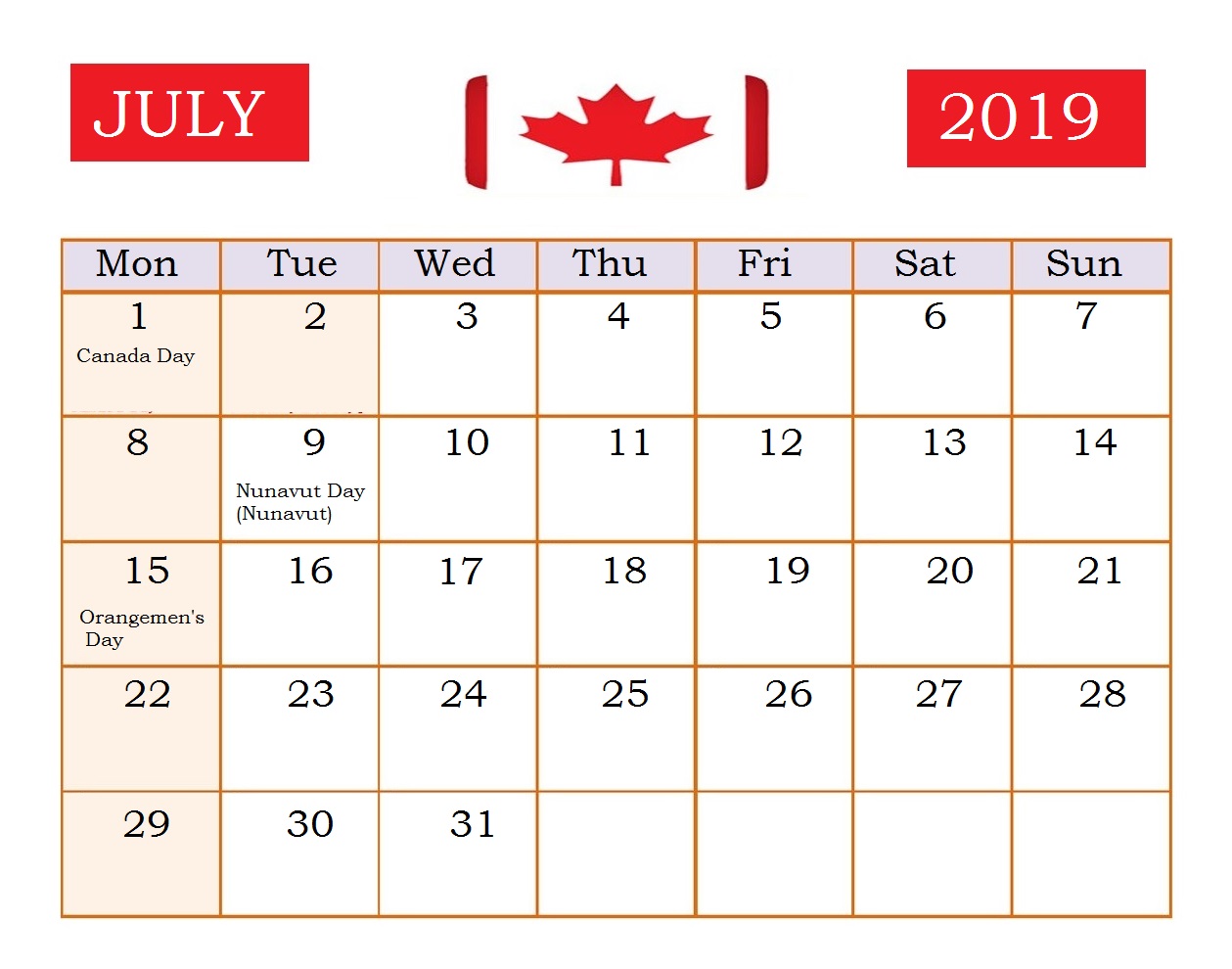 Canada July 2019 Bank Holidays Calendar