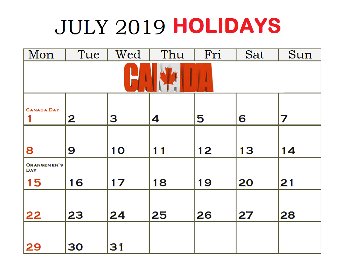 Canada July 2019 Holidays Calendar
