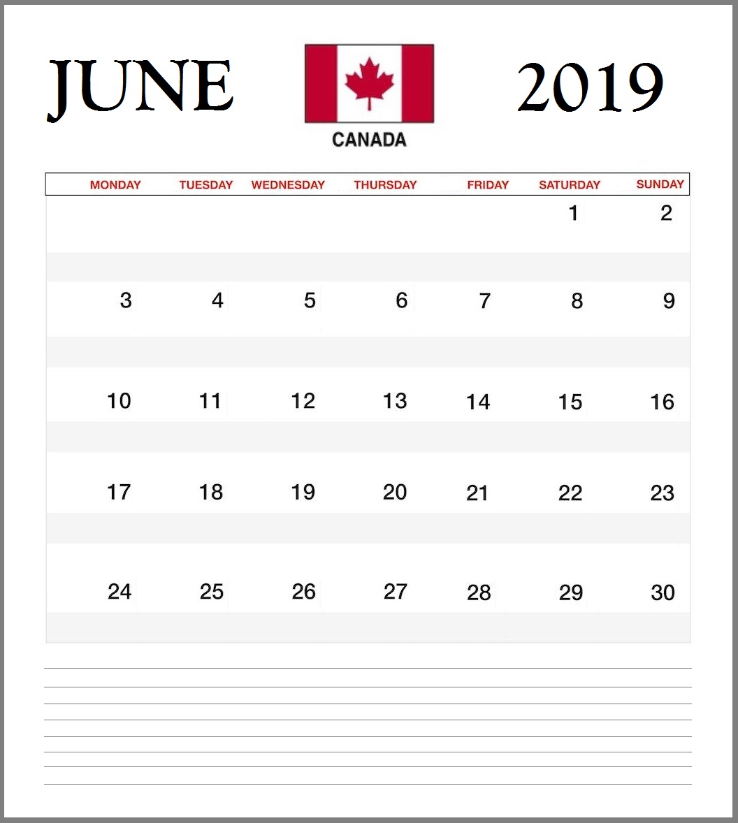 Canada June 2019 Federal Holidays Calendar