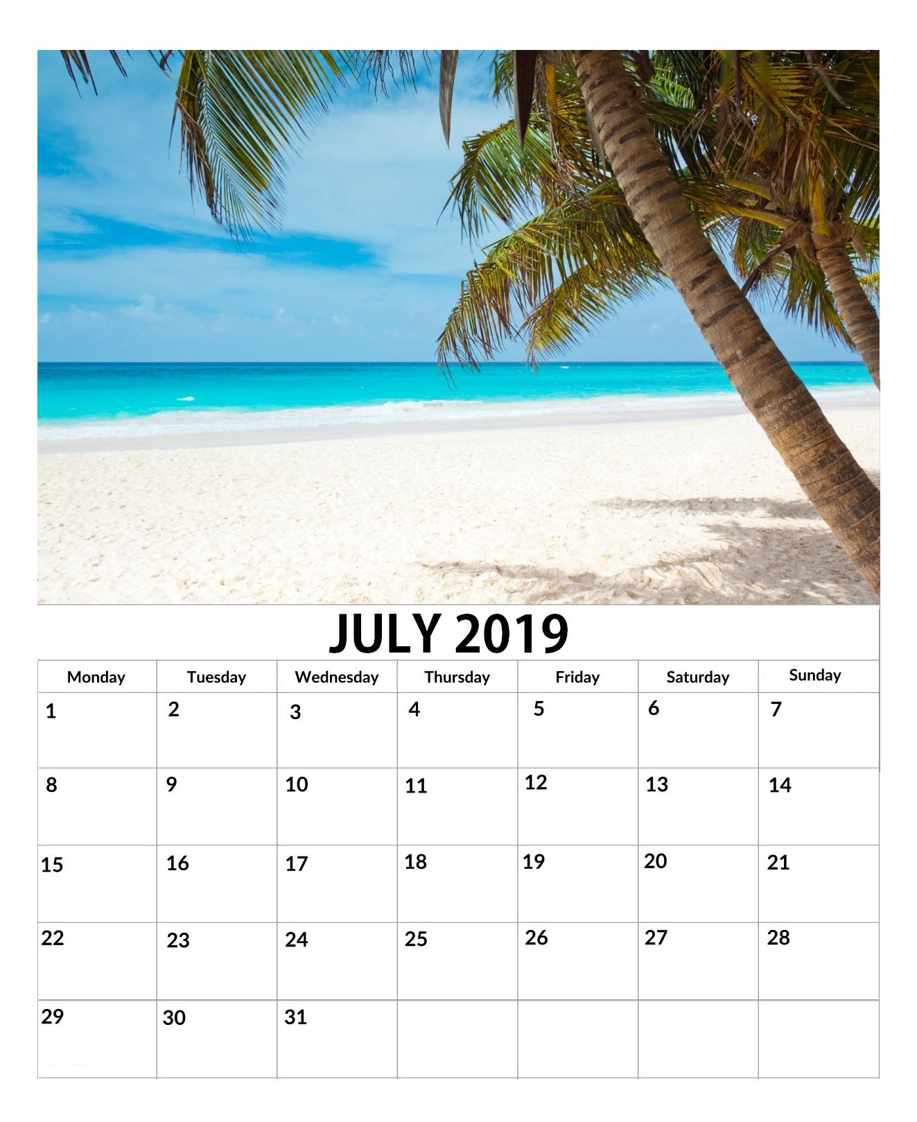 Cute July 2019 Wall Calendar