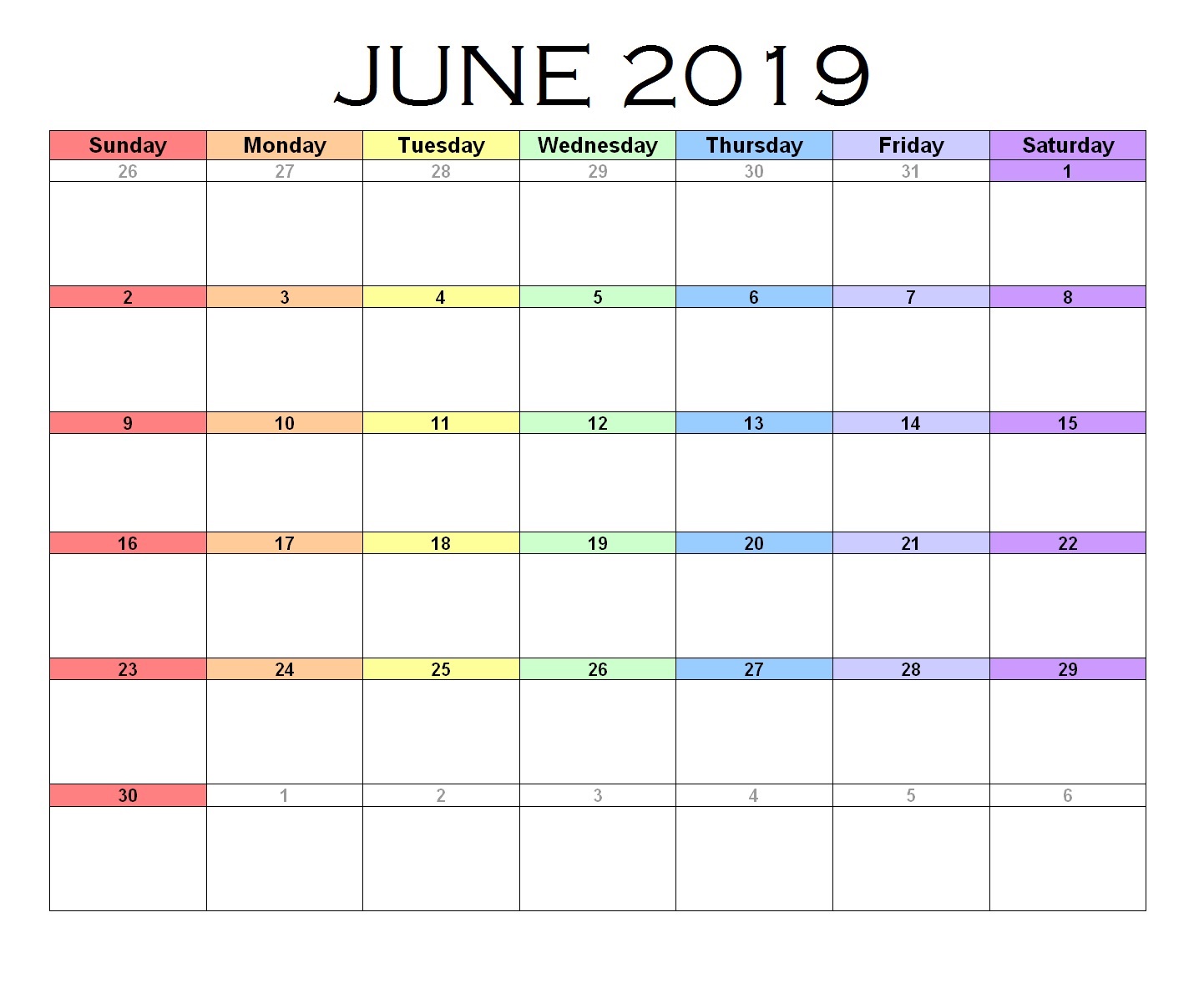 Download June 2019 Excel Template