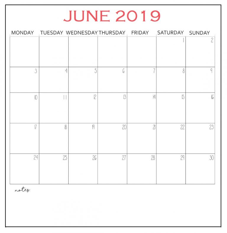 Editable June 2019 Calendar Printable Blank Template