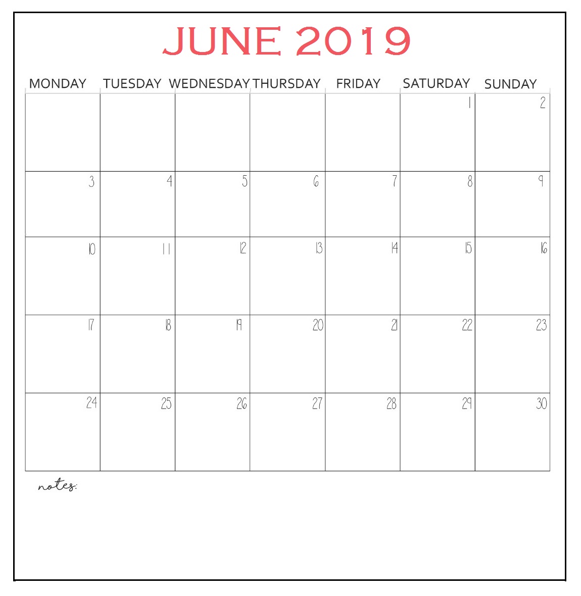 Editable June 2019 Calendar Template