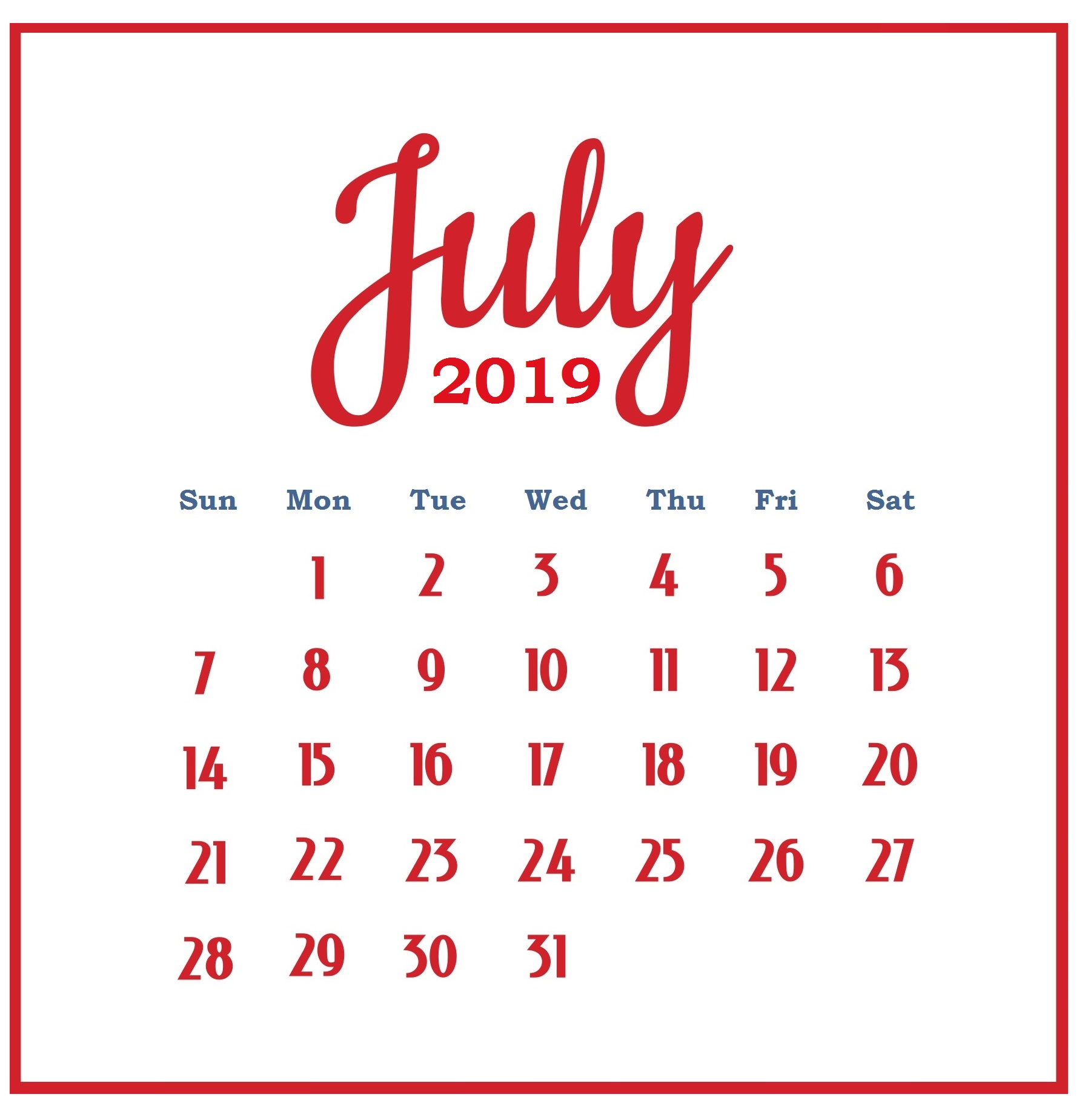 Free July 2019 Calendar Download