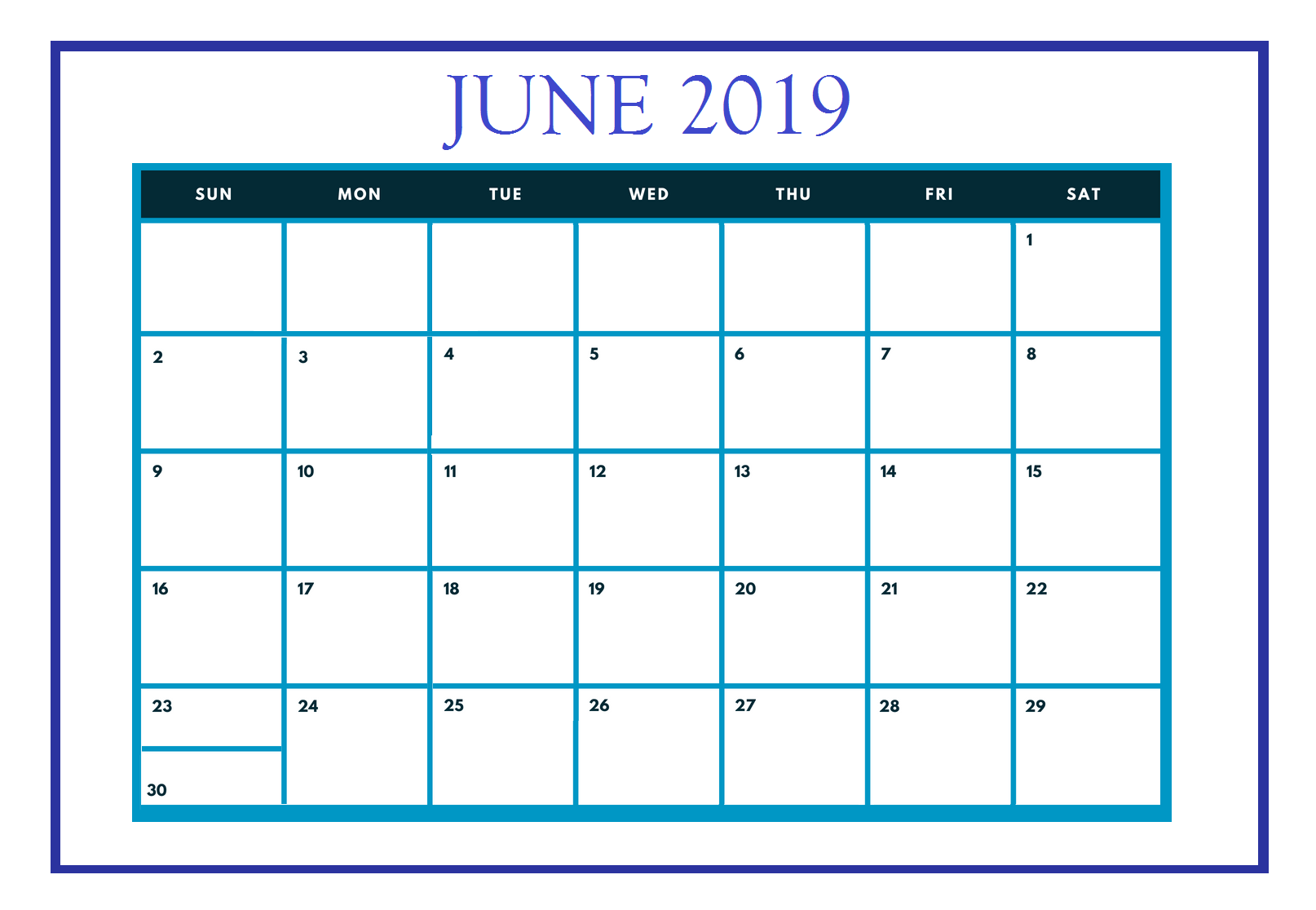 Free June 2019 Blank Calendar