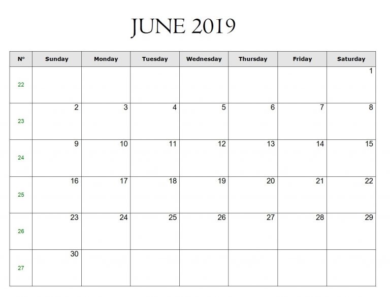 June 2019 Calendar Excel