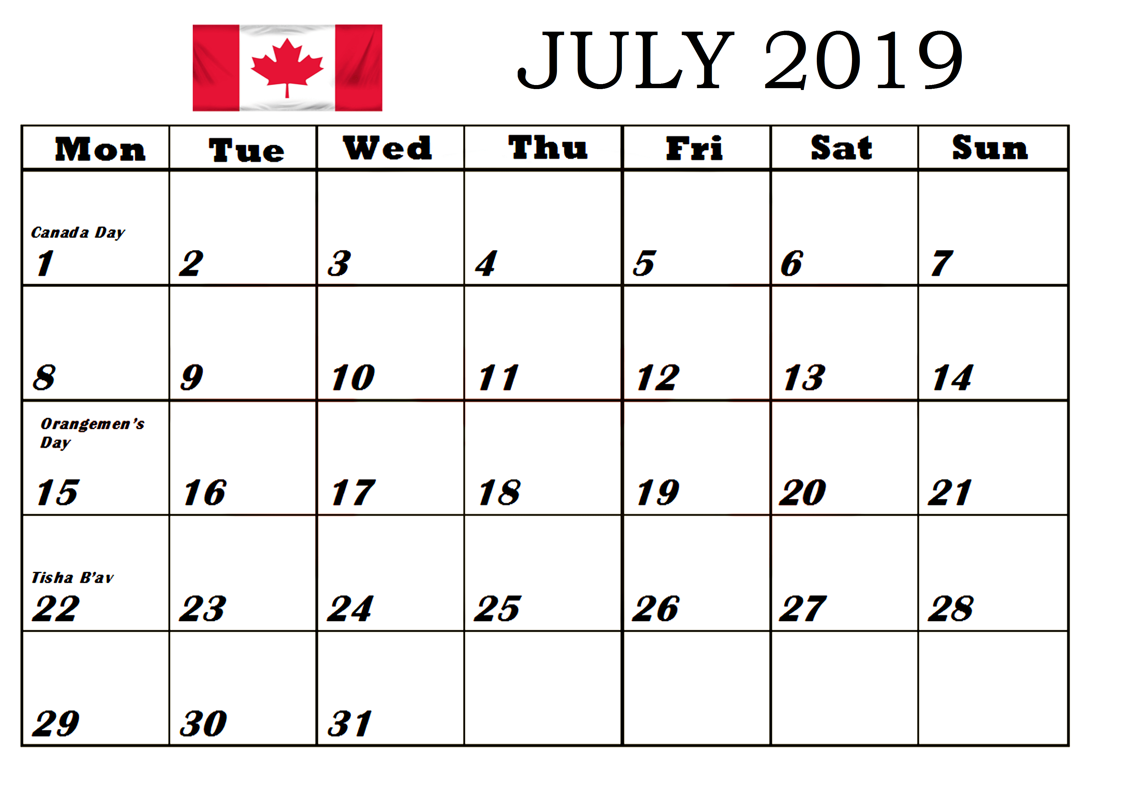 July 2019 Canada Federal Holidays