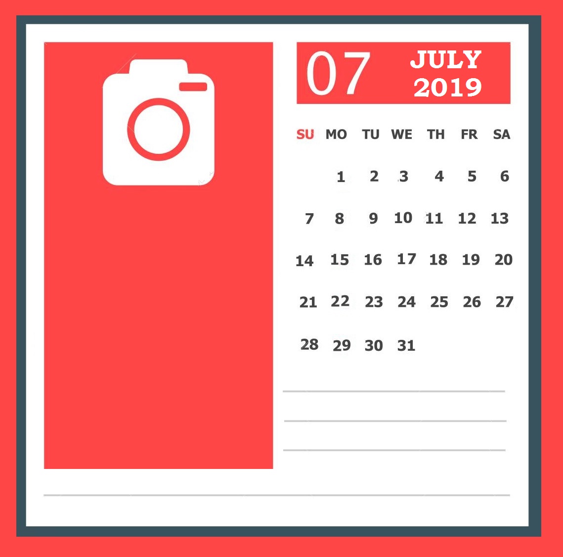 July 2019 Desk Calendar Printable