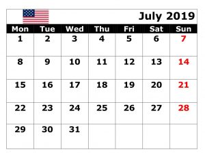 July 2019 Holidays Calendar