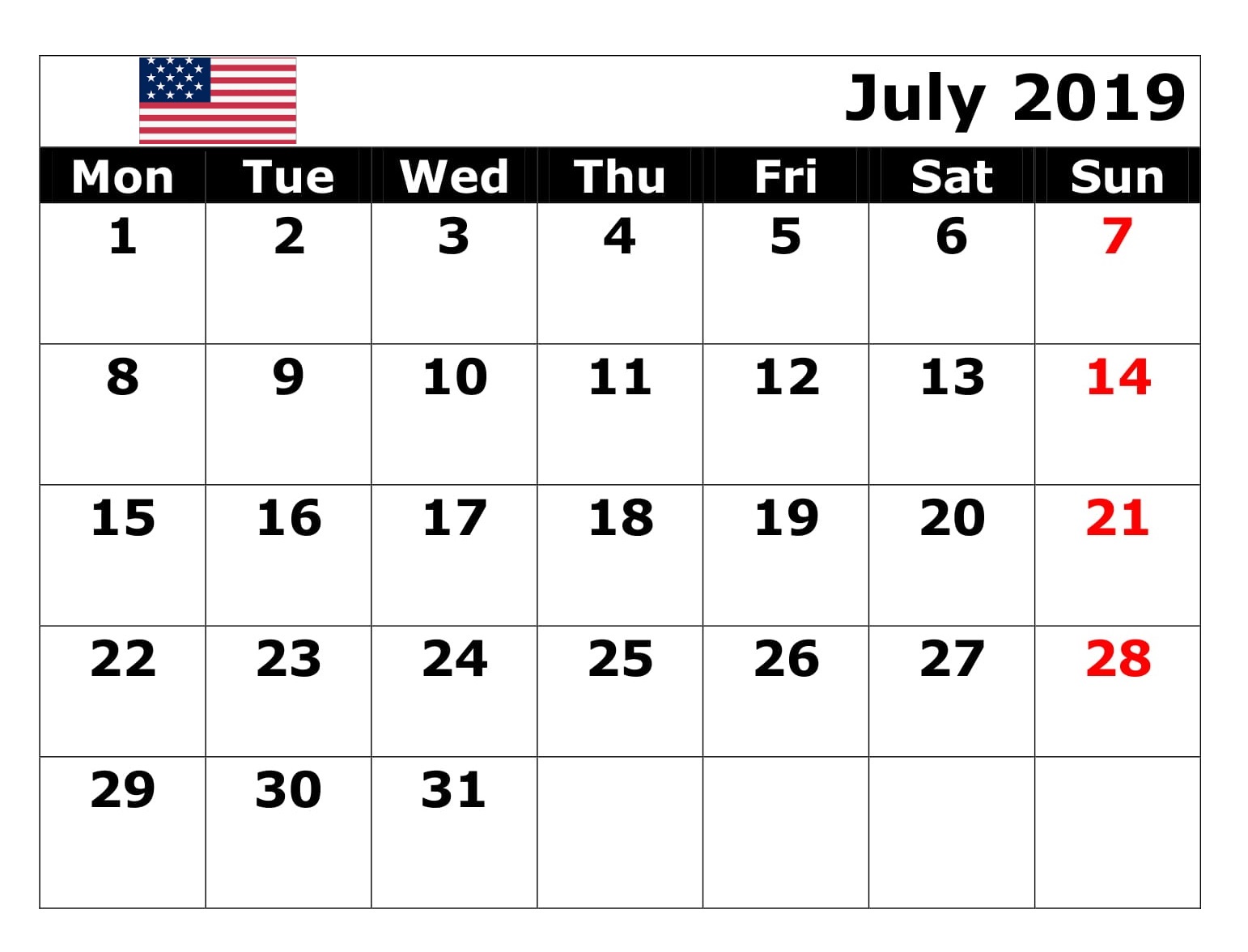 July 2019 USA Bank Holidays Calendar