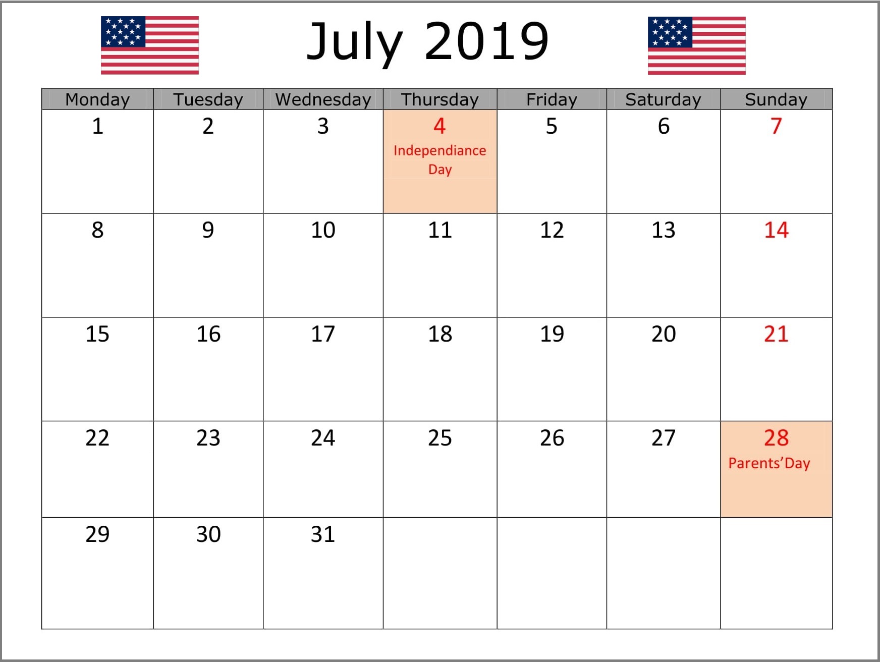 July 2019 USA Holidays Calendar