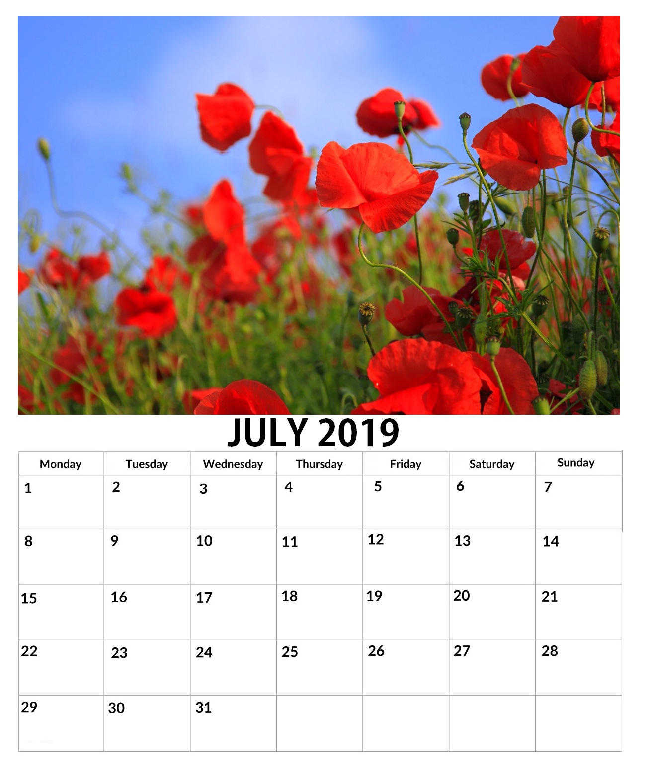 July 2019 Wall Floral Calendar