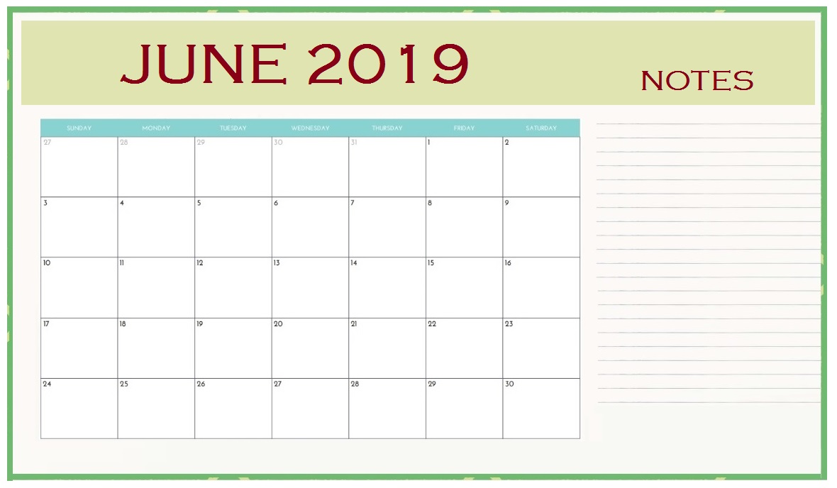 June 2019 Blank Editable Calendar