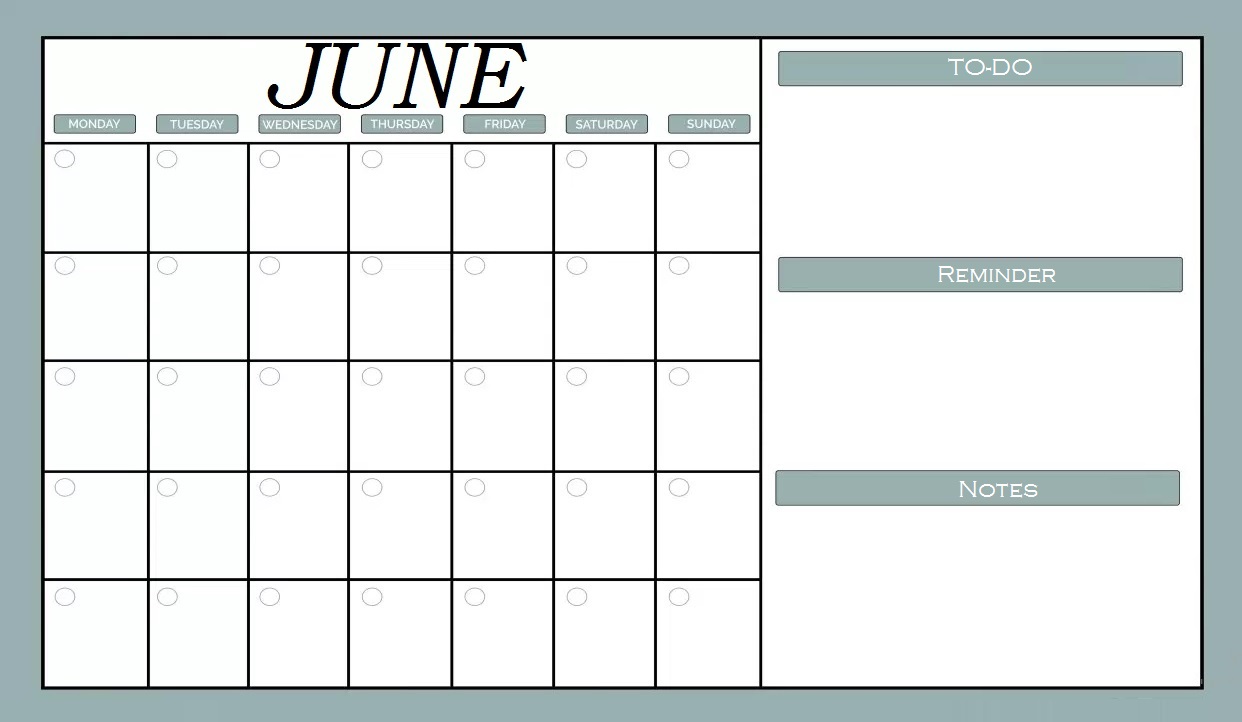 June 2019 Blank Monthly Planner