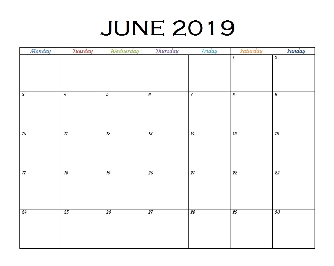June 2019 Calendar Editable