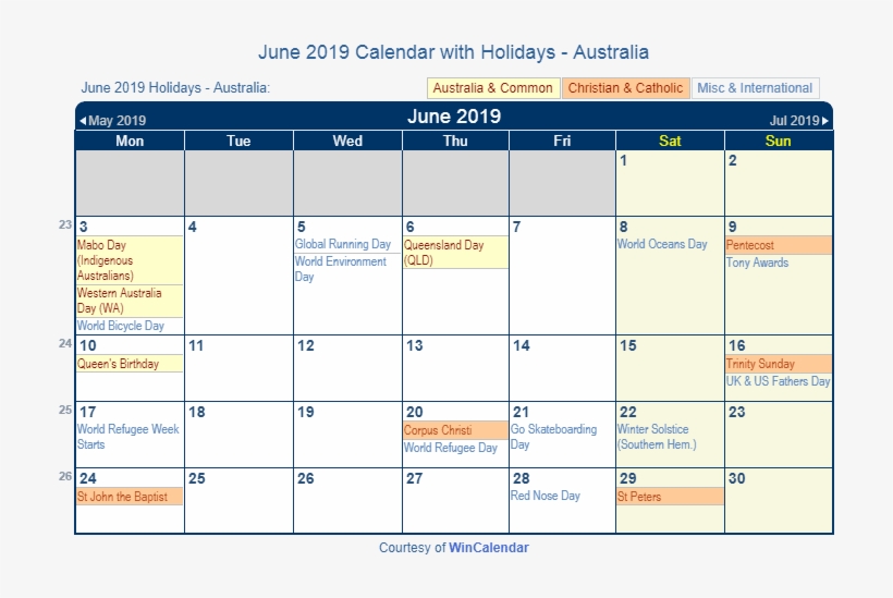June 2019 Calendar With Holidays Australia