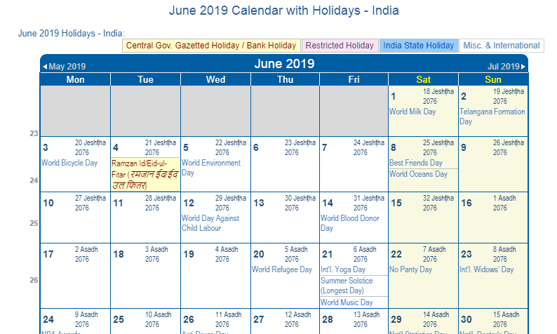 June 2019 Calendar With Holidays India
