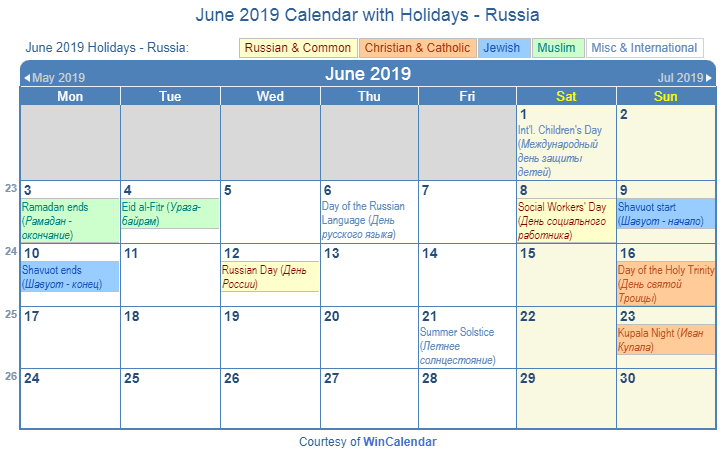 June 2019 Calendar With Holidays Russia