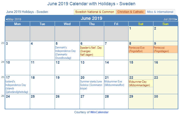 June 2019 Calendar With Holidays Swedan