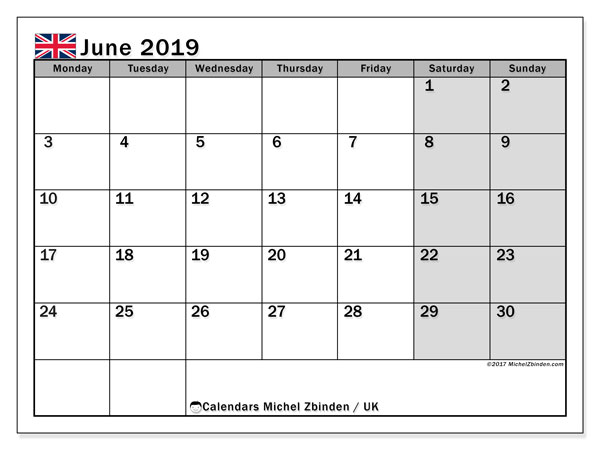 June 2019 Calendar With Holidays UK