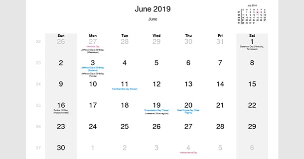 June 2019 Calendar With US Holidays