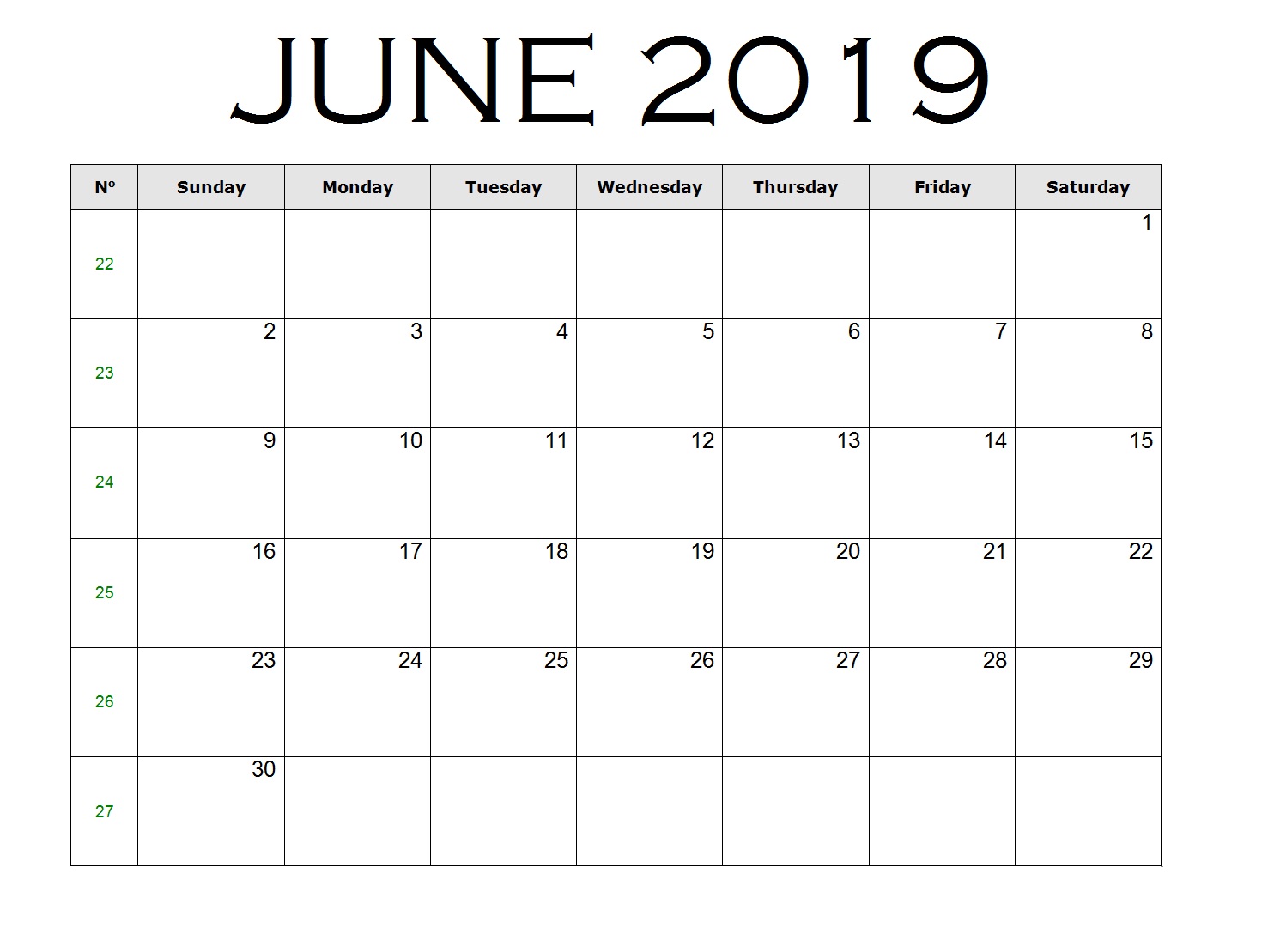 June 2019 Calendar Word Template